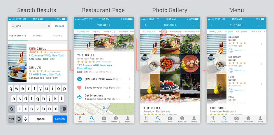 Redesigned restaurant pages showing how users can easily navigate from restaurant search results to restaurant pages with restaurant photo galleries and menus.