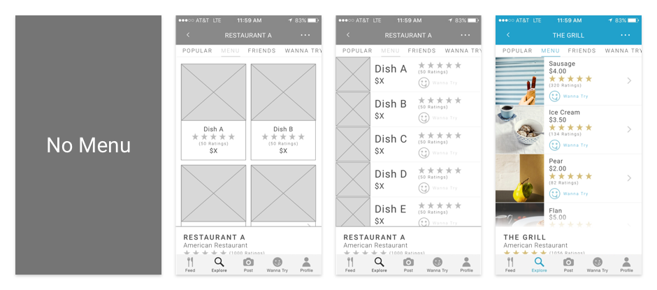 An empty rectangle is shown on the left to note how there was no restaurant menu in the original app, followed by 2 wireframe iterations and a later iteration with full UI. The first iteration has large photos for each menu item but can only fit 4 items on the screen at once. The second iteration has restaurant names in large letters next to other information but didn't have enough room for long restaurant names. The later iteration shows a vertical list of menu items, each with a photo, name, price, rating, and link to view photos from the social feed.