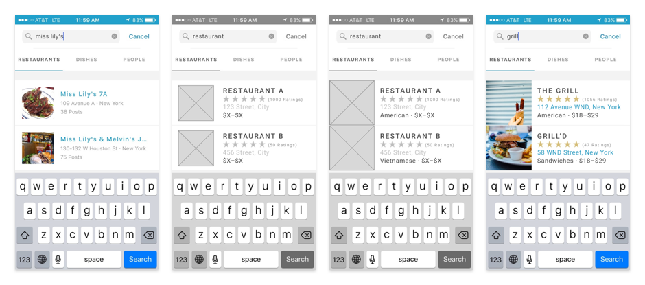 The existing Wine 'n Dine search results screen is shown on the left followed by 2 wireframe iterations and a version of the second iteration in full UI. The first iteration added restaurant ratings and pricing. The second iteration increased the size of the images and added the cuisine for each restaurant. The later iteration in UI applies Wine 'n Dine's color scheme of white with blue accents.