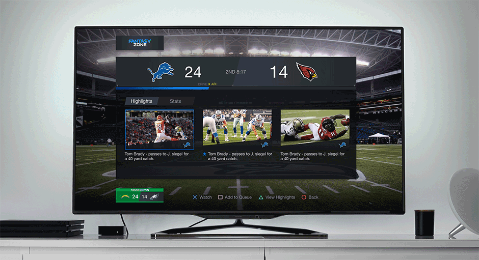 Screenshot of NFL Sunday Ticket on PlayStation 4 showing Fantasy Zone screen during a game between the Detroit Lions and the Arizona Cardinals. The screen shows the score, quarter, time, video highlights, and stats with options to watch the game, add the game to a queue, view highlights, or go back.