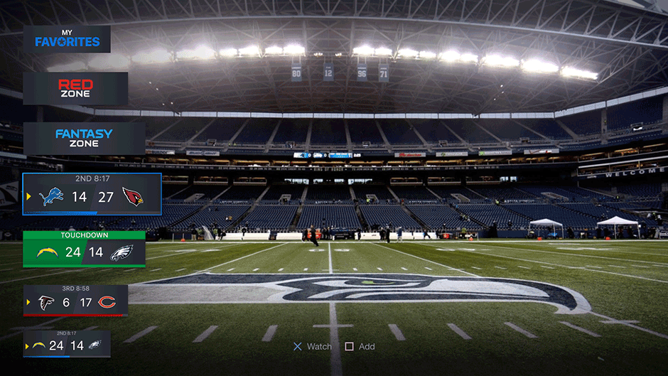 Screenshot of NFL Sunday Ticket on PlayStation 4 while watching a game with Game Chips, small selectable tiles in a vertical carousel for all of the games that are on at that moment, displayed on the left side of the screen. Each tile shows the teams in the game, the score, the quarter, the time, and alerts for events like just-scored touchdowns.