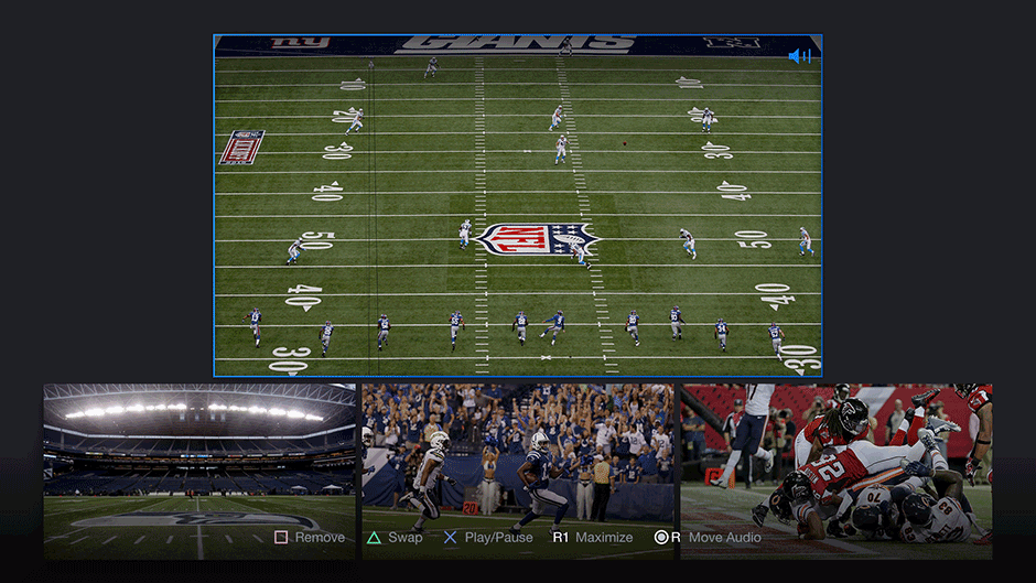 Screenshot of NFL Sunday Ticket on PlayStation 4 showing Game Mix, a feature that allows users to watch up to 4 games at the same time on one screen. Users can play and pause each game, and select which game gets the primary audio feed.